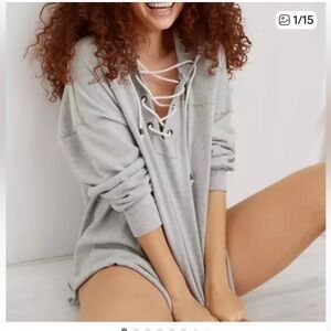 Aerie Lace Up Oversized Gray Hoodie Sweatshirt